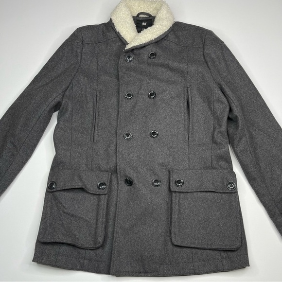 H&M Pea Coat Jacket Wool Military Winter Autumn Fall Warm Office Grey 44R - Picture 1 of 16